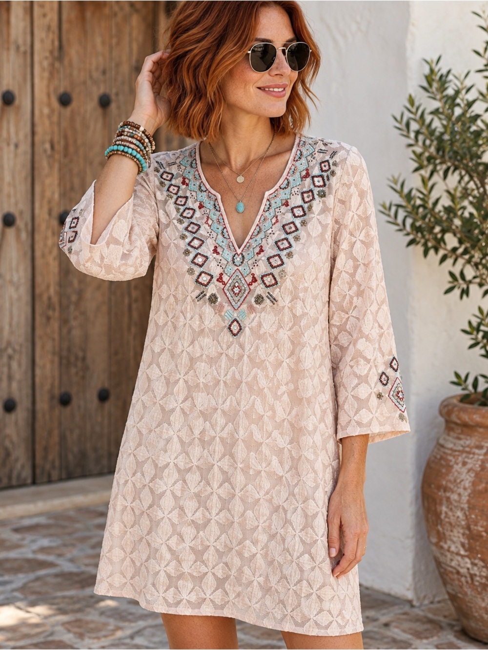 Sundance Global Embrace Blush Peach Beaded Chemise Dress Size Medium (M) Boho